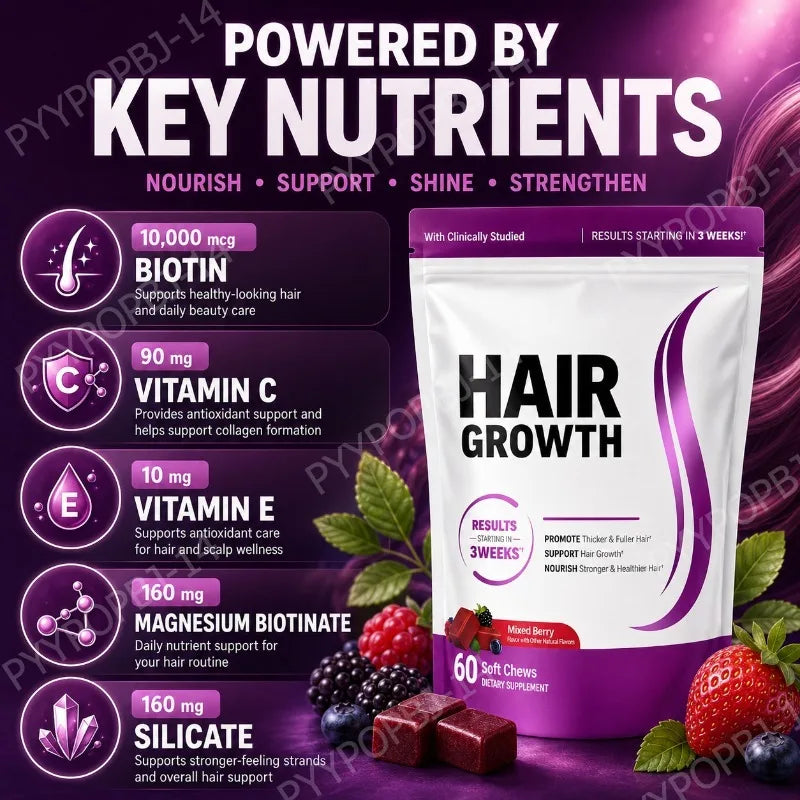 Hair Wellness Soft Chews with Biotin 10000mcg Vitamins C E Supports Healthy Looking Hair Mixed Berry 60 Soft Chews