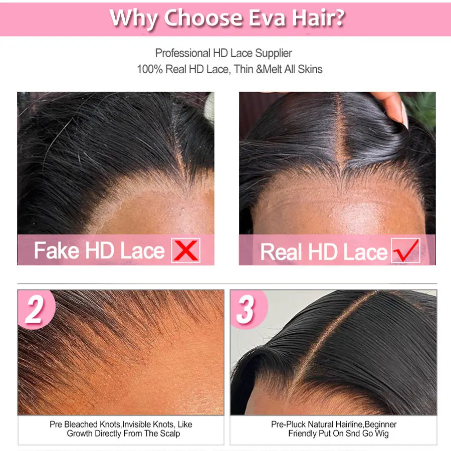 Eva 13x6 HD Lace Full Frontal Wig Silky Straight 180% Pre Plucked HD Lace Wig Invisible HD Lace Melt Skins Glueless Closure Wig