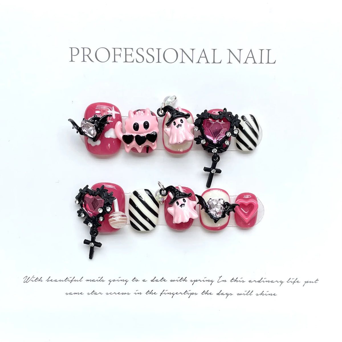 10pcs Halloween Theme False Nail Tips 3D Devil Love Heart Designs Press On Nails Rose Pink Short Round Handmade Fake Nails Art
