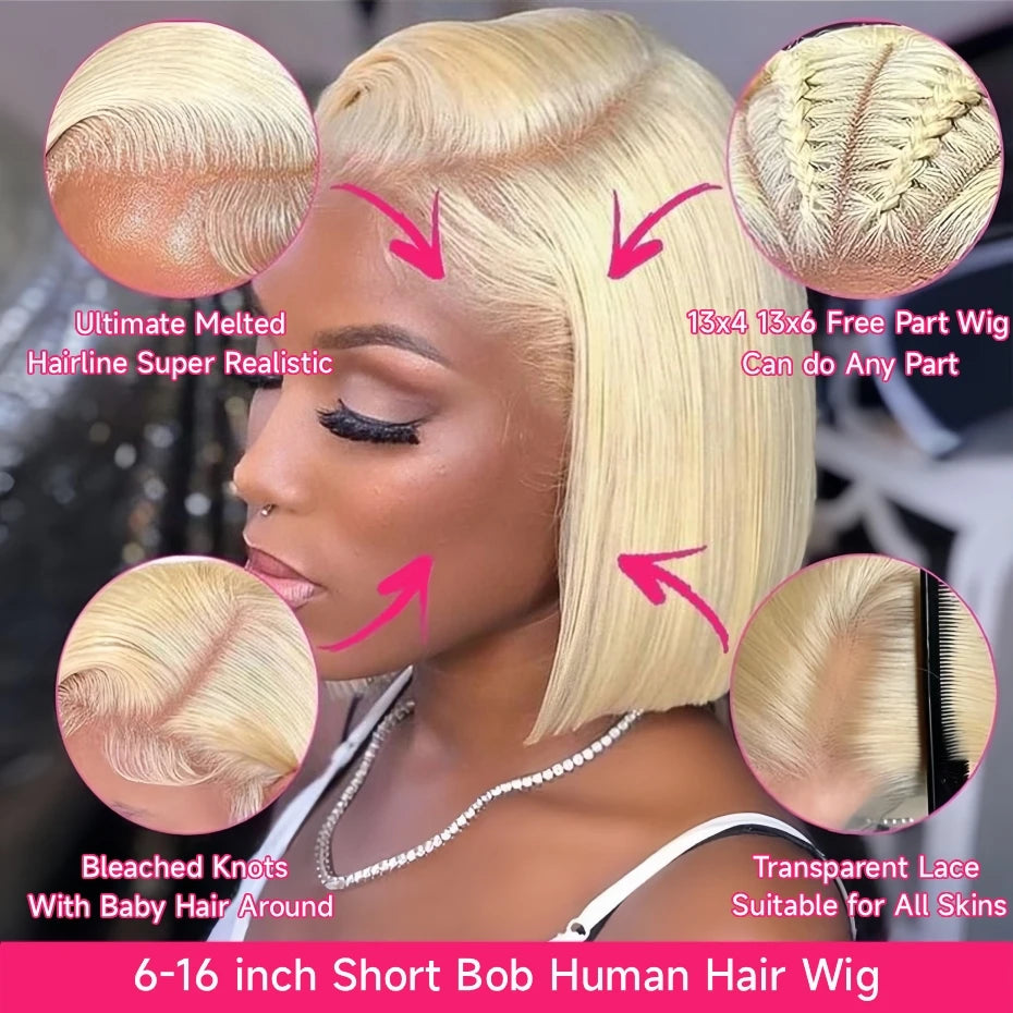 Short Bob Wig Human Hair 13x4 13x6 Transparent Lace Front Human Hair Wigs For Women 613 Honey Blonde Color Lace Frontal Wigs Pre Plucked 220% Density 10 12 14 inch Straight Brazilian Hair