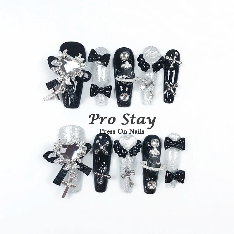 10pcs Dark Black Y2k Hot Girl Handmade Press On Nails Sweet Cool With Diamond Metal Decoration Wearable Artificial False Nail