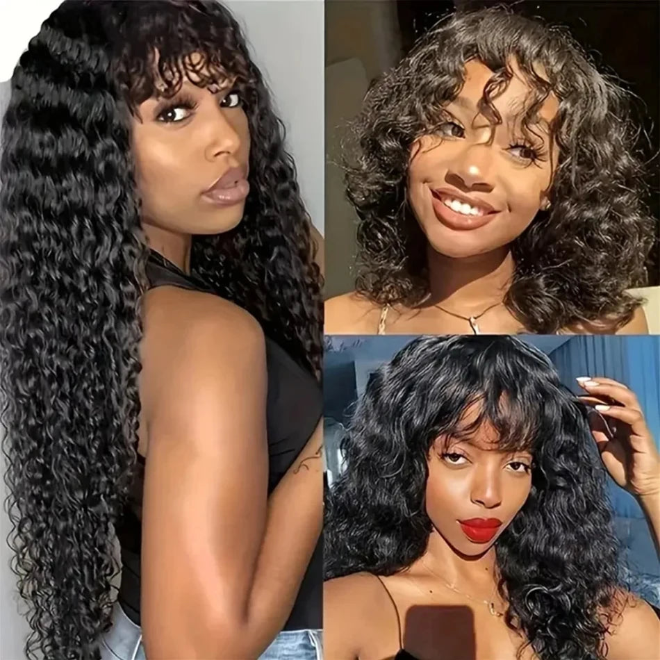 30inch Water Wave Human Hair Wigs With Bang Glueless Fringe Wig Kinky Deep Water Wig With Bangs Full Machine Made Wig Easy To Go