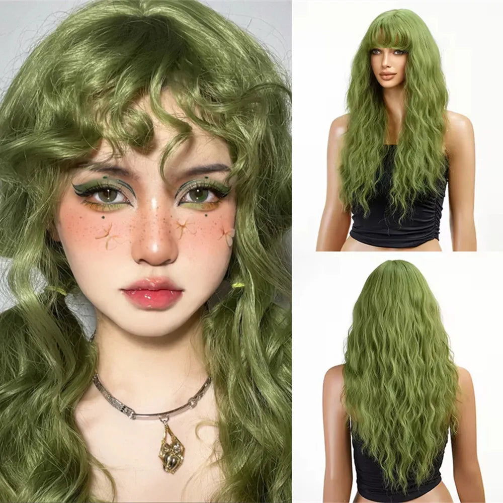 HENRY MARGU Light Green Curly Synthetic Wigs Long Colorful Wig with Bangs Heat Resistant Fiber for Cosplay Party Women Girls Use
