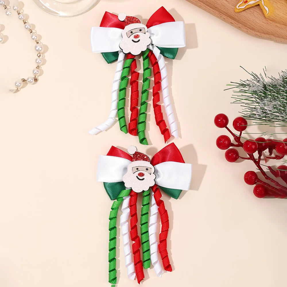 2Pcs Christmas Santa Claus Bow Hair Clips For Girls Cute Reindeer Curly Ribbon Tassels Hairpins Kids  Xmas Party Accessories
