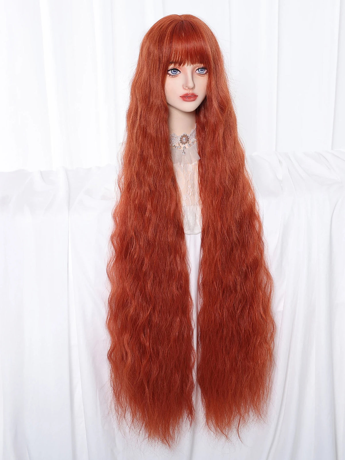 Copper Red Super Long Curly Synthetic Wig with Bangs Ginger Lolita Wavy Heat Resistant Cosplay Halloween Party Wigs for Women