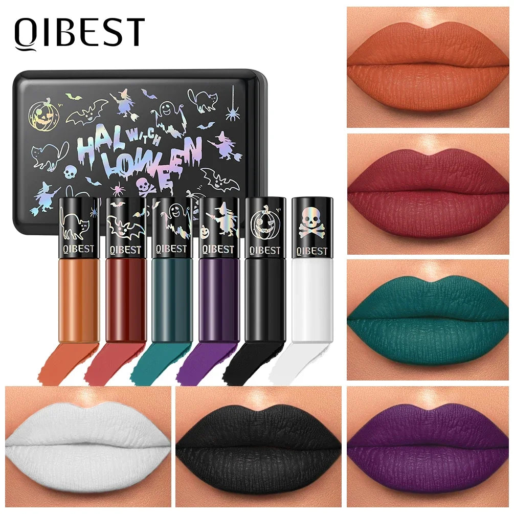 QIBEST Halloween Lipgloss Makeup Sets Matte Liquid Lipstick Waterproof Red Lipgloss Black Purple Orange Non-Stick Cup Lipstick