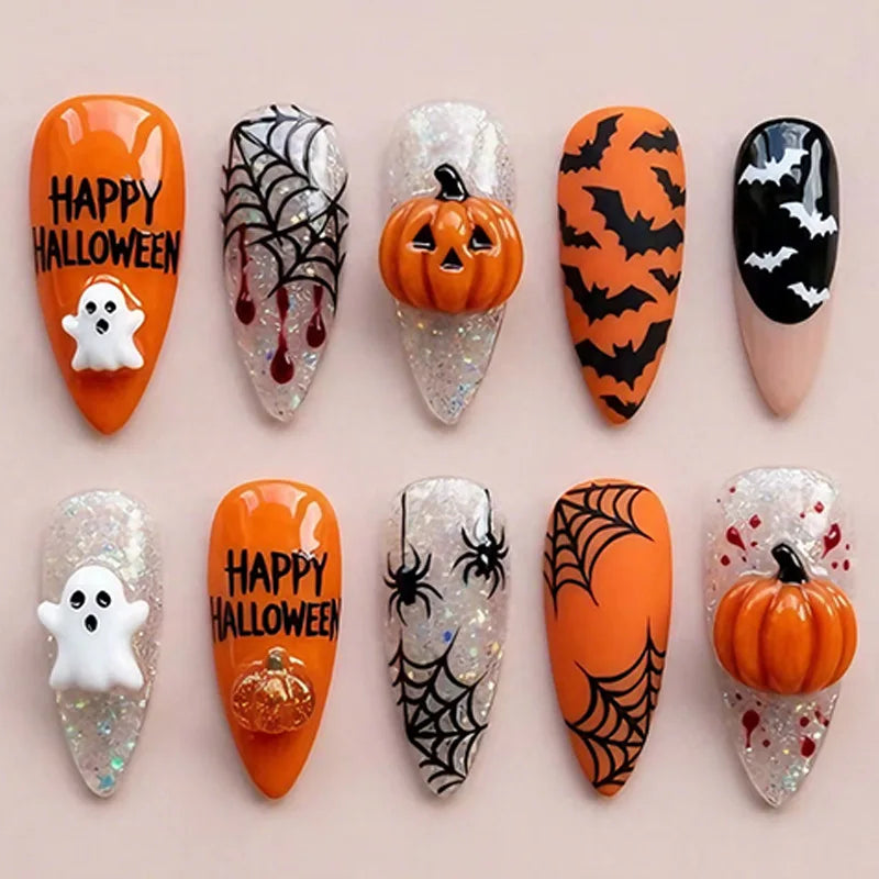 30pcs Halloween Press On Nails Gothic Skeleton Skull Spider Web Black Cat Haunted House Fake Nail Almond False Nail for Women