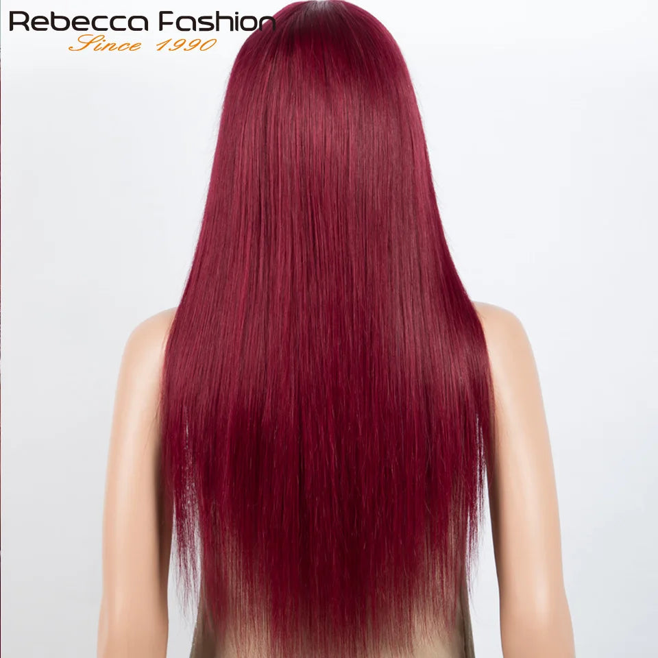 Brazilian Straight Human Hair Wigs With Bangs Burgendy Put On And Go 100% Remy Human Hair Wigs Full Machine Made Wigs For Women