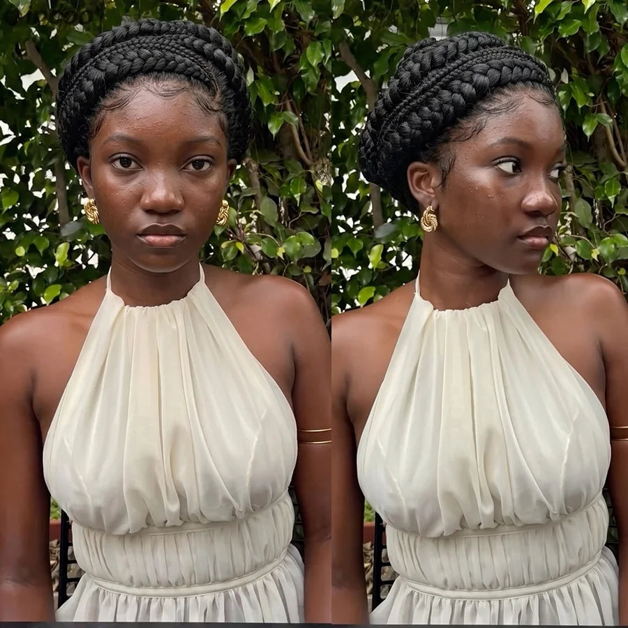 Short Bantu Knotless Braided Wigs Synthetic Full Lace Wig Box Braids Low Buns Wig Glueless Cornrow Braiding Hair Wigs For Women