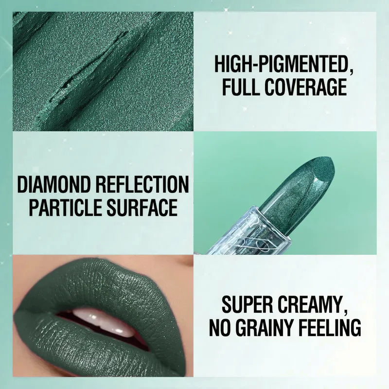 Halloween Shimmer Metallic Lipstick, Dark Green Glitter Lip Stick Long Lasting Gothic Party Lip Makeup