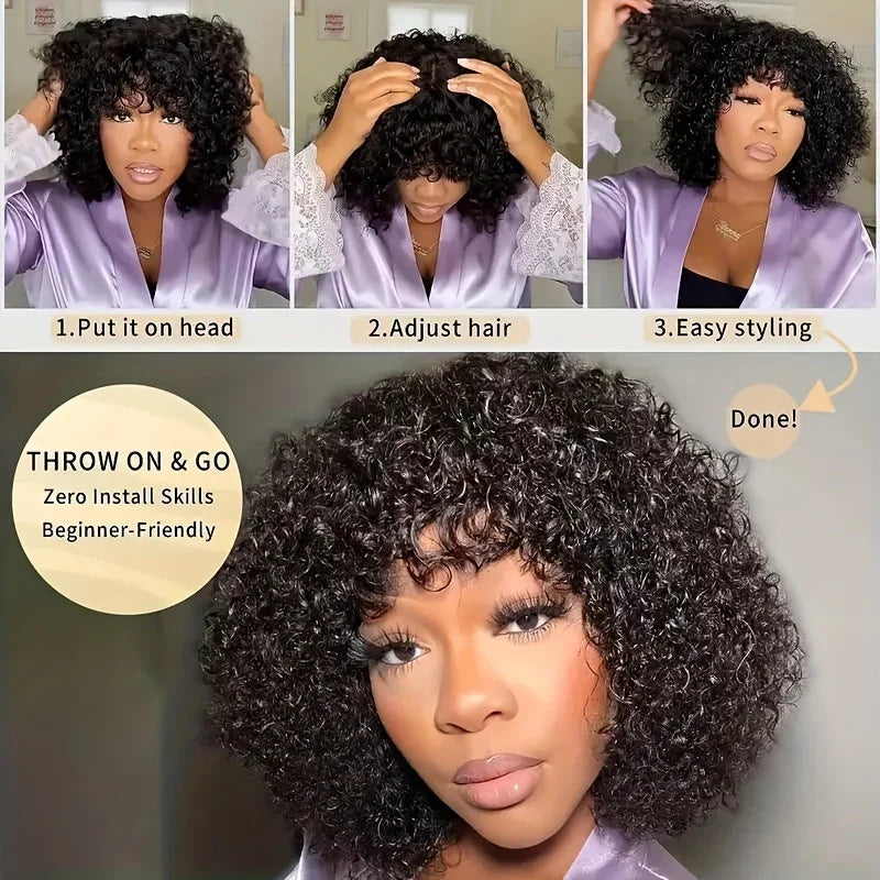 3X1 Middle Part Lace Curly Bob Wigs With Bangs Brazilian Hair Machine Made Short Bob Wig With Realistic Scalp Natural Black Color
