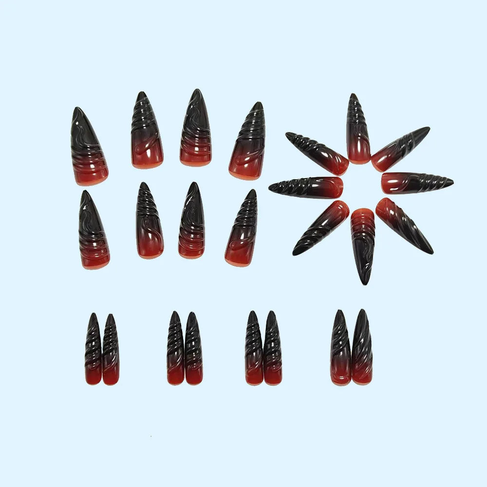 24pcs Halloween Black 3D Twisted Spiral Press On Nails Ombre Gradient Gothic Dark Fake Nail Long Stiletto False Nail for Women