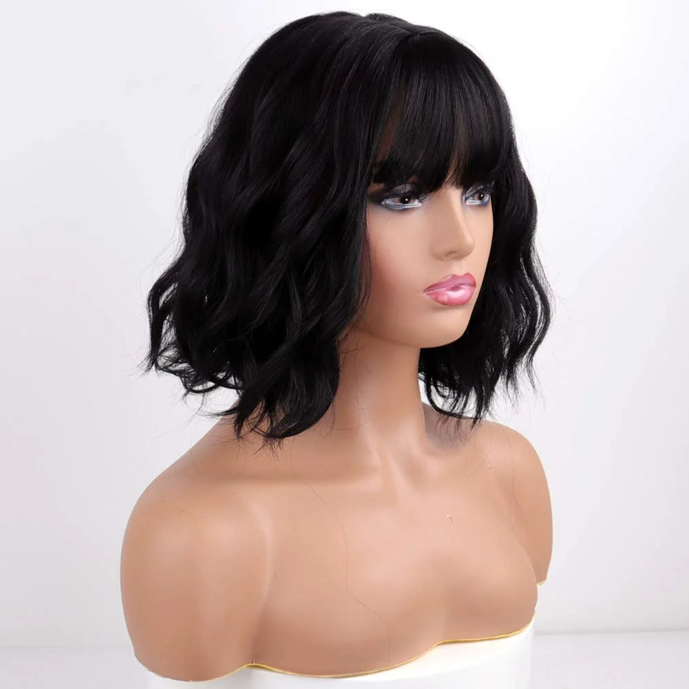 3X1 Middle Part Lace Curly Bob Wigs With Bangs Brazilian Hair Machine Made Short Bob Wig With Realistic Scalp Natural Black Color