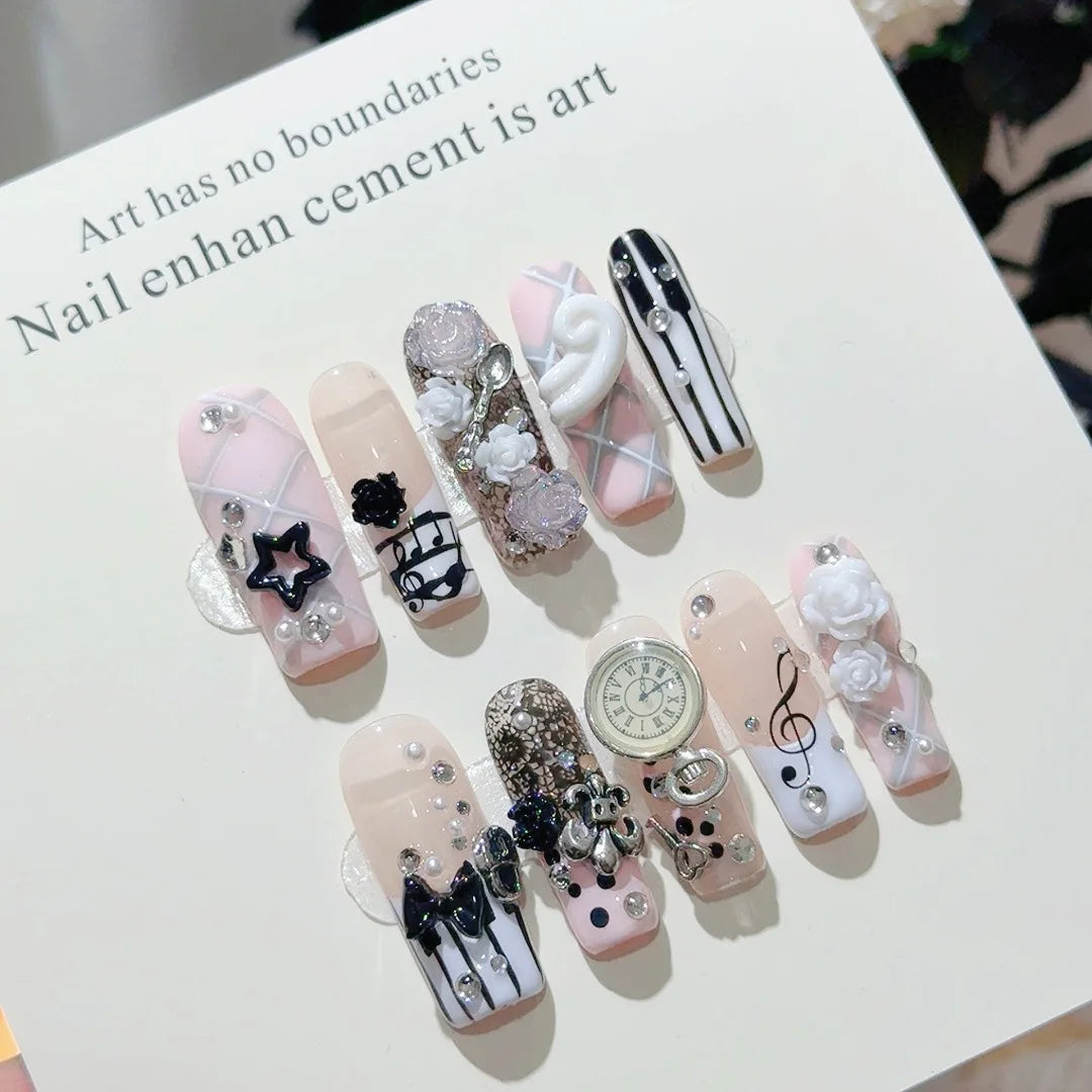 10pcs Handmade Long Coffin Press on Nails Halloween Cyberpunk Dark Rivet Design False nails European Heavy Metal Fake Nail Tips