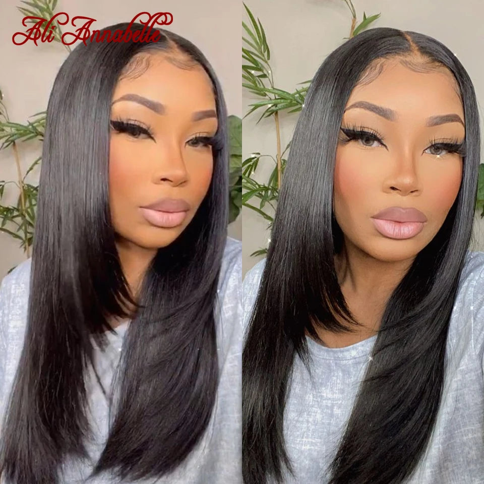 Wear Go Wigs 6x5 Pre Cut Lace Straight Hair Layered Cut Glueless Wigs Human Hair Wigs For Women Ready To Wear Pre Bleached Knots