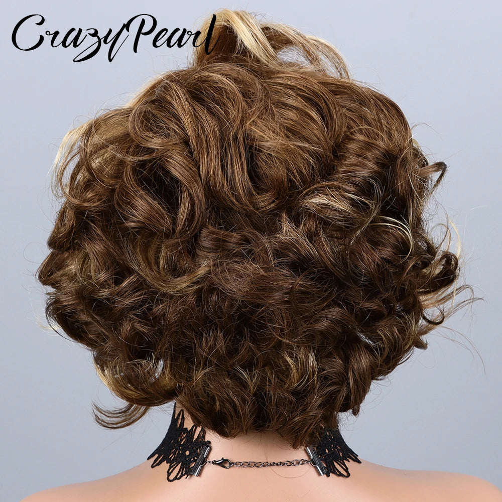 P4/27 Highlight Pixie Cut Wigs Human Hair Short Curly Brown Blonde Gradient Lace Front Pre Plucked Bleached Knots Natural Look