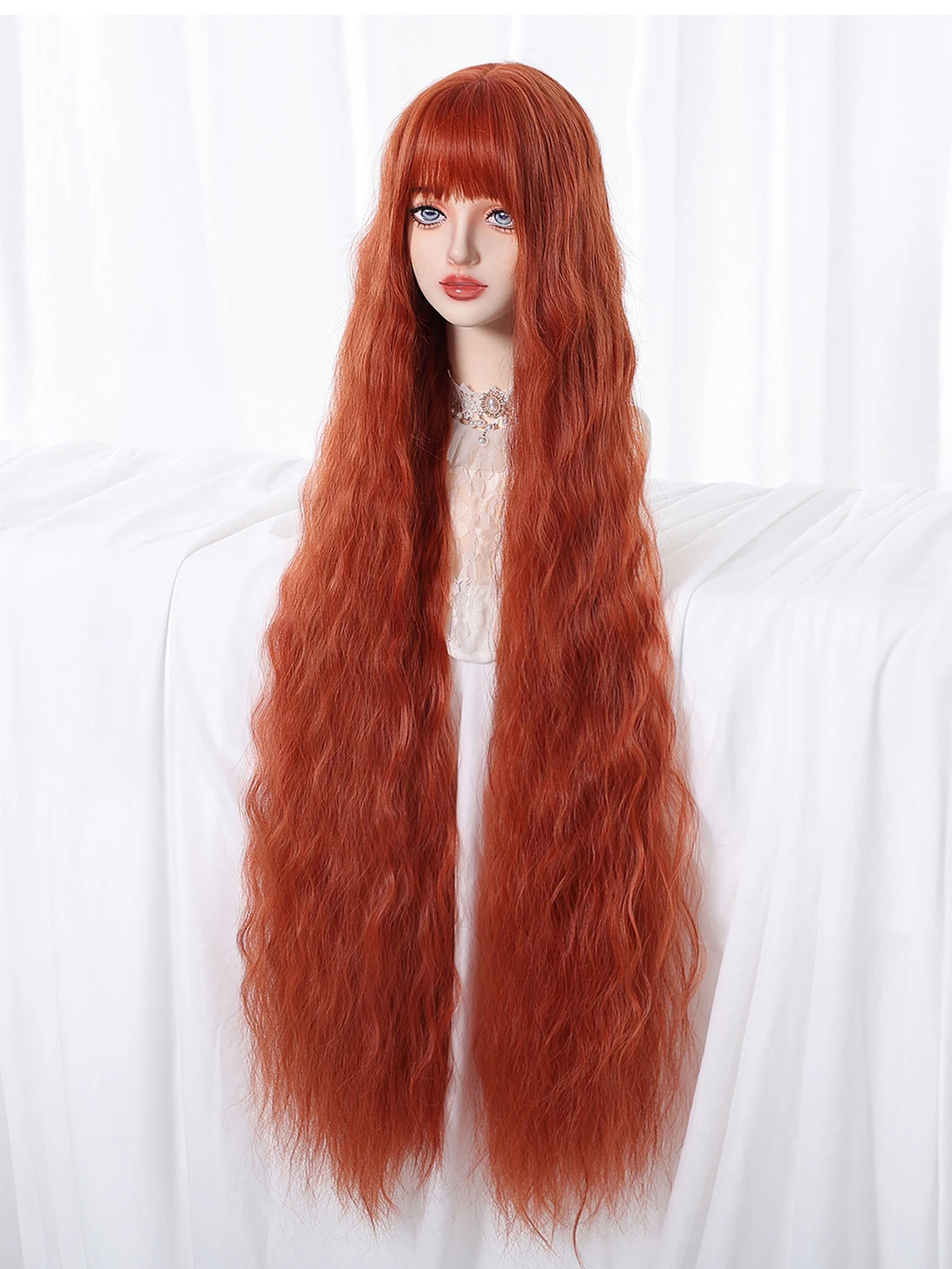 Copper Red Super Long Curly Synthetic Wig with Bangs Ginger Lolita Wavy Heat Resistant Cosplay Halloween Party Wigs for Women