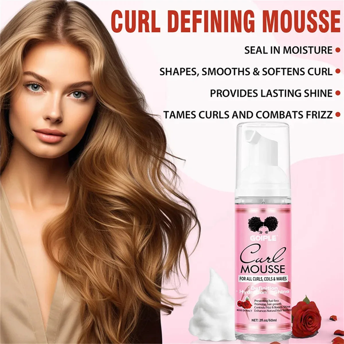 60ml Rose Curl Mousse Moisturizing Styling Product,Deep Hydrating High-Shine Foam Spray,Smoothing and Control Frizz Curly Mousse
