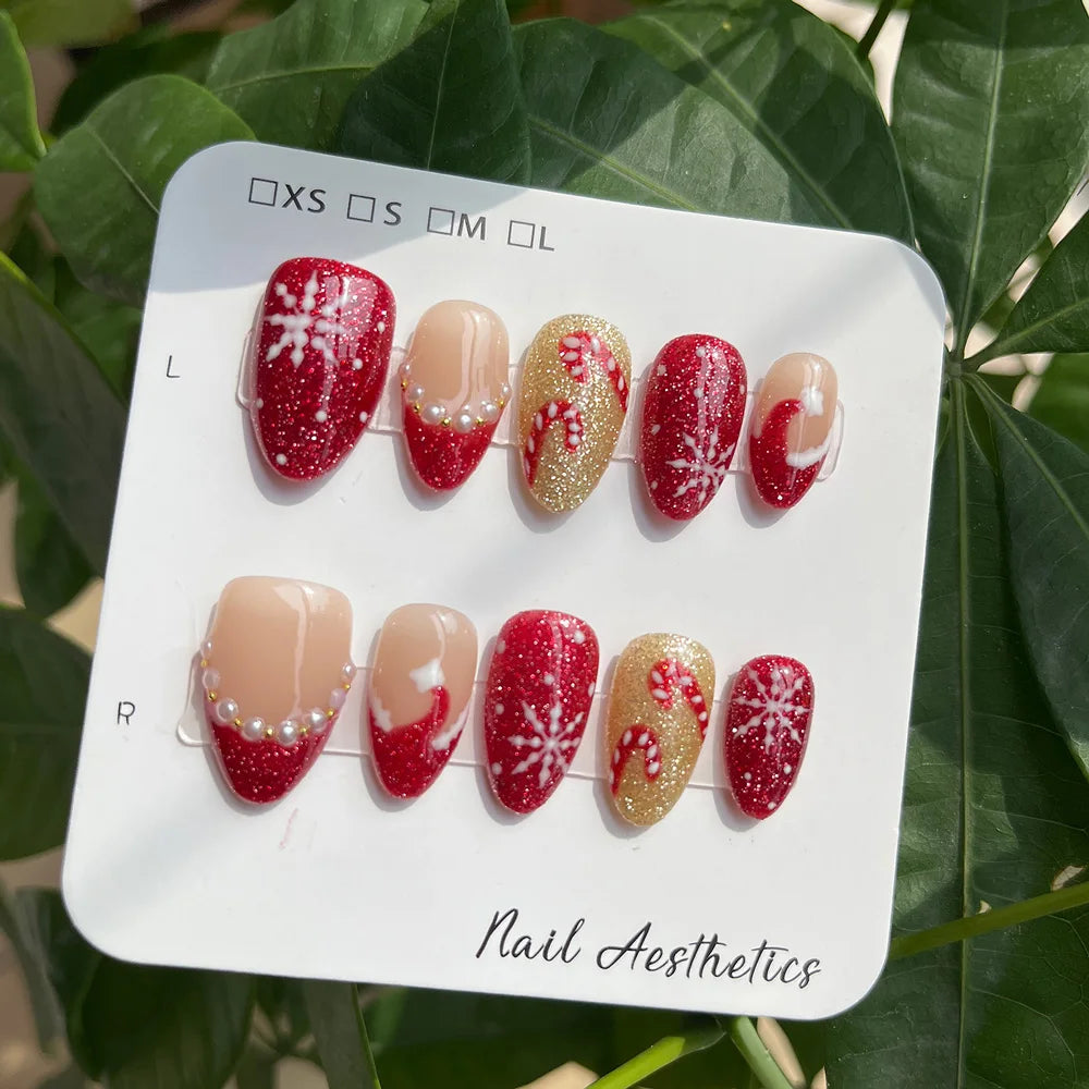 Hand Painted Christmas Fake Nails Short Almond Red Glitter Snowflake Candy Cane Pearl French Press On Nails Reusable  10 Pieces
