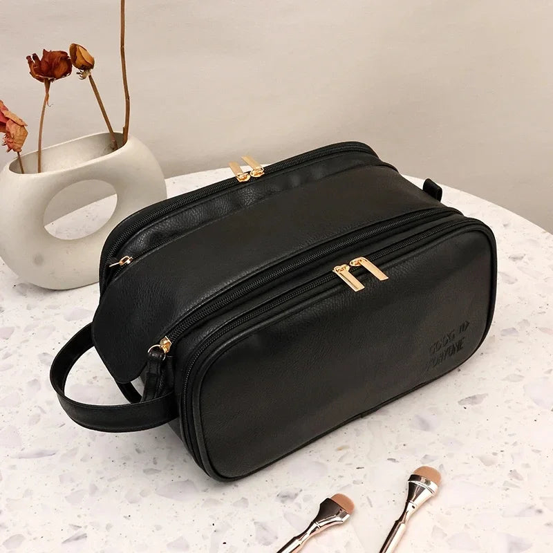 Multifunctional Makeup Bag For Women PU Leather Large Capacity Portable Double Zipper Travel Makeup Brush Toiletries Storage Bag