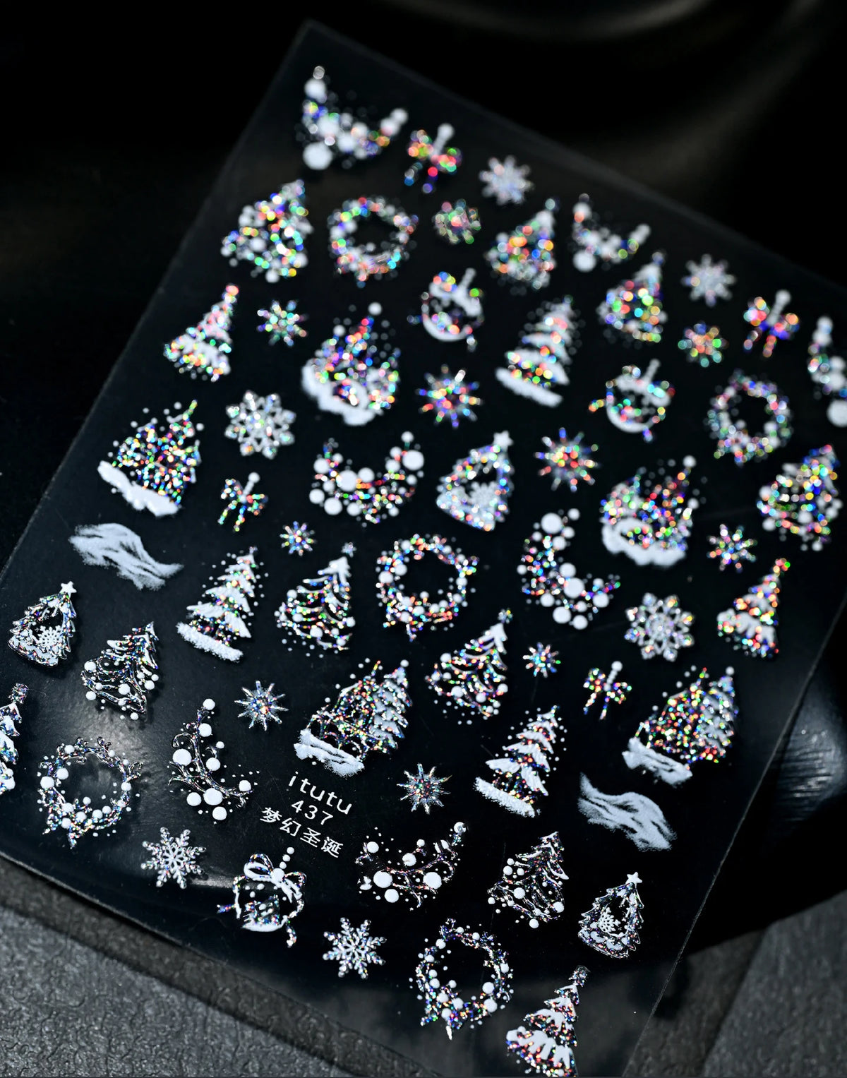 1pcs Laser Glitter Silver Purple Christmas Tree Crystal Ball Nail Sticker 5D Embossed Snowflake Christmas Nail Decals Nail Parts