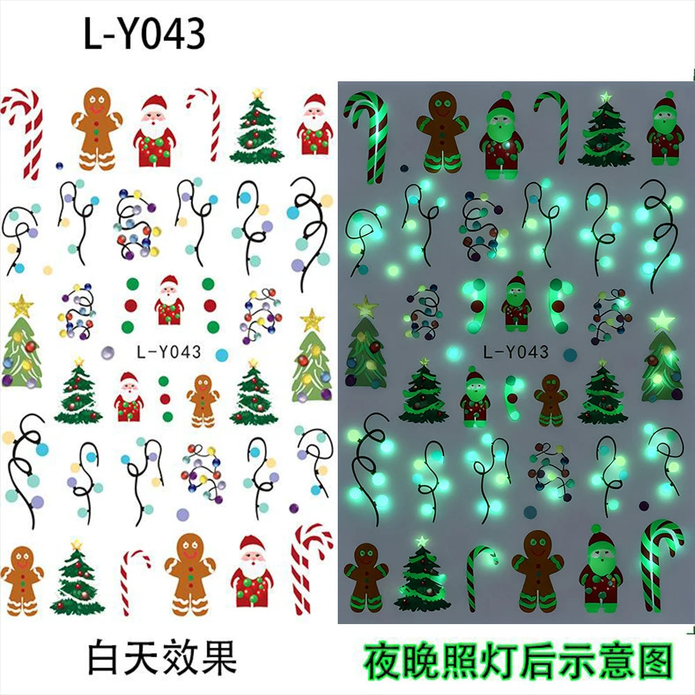 3D New Luminous Colored Light Bulbs Christmas Tree Nail Art Stickers Noctilucent Lanterns Snowflakes Santa Claus Nail Decals