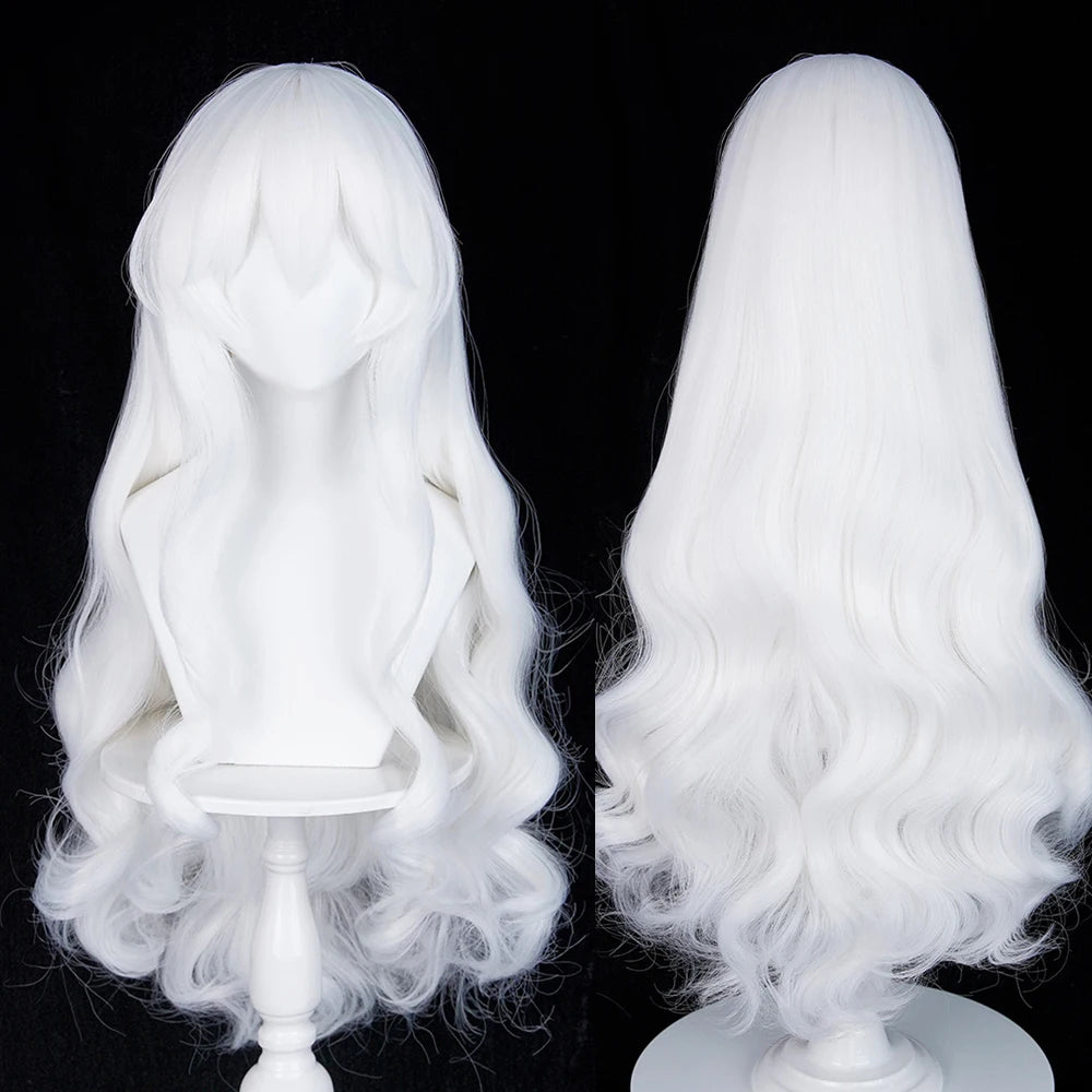 White Long Wavy Anime Game Cosplay Synthetic Wigs with Bangs Fluffy Heat Resistant Wig for Daily Party