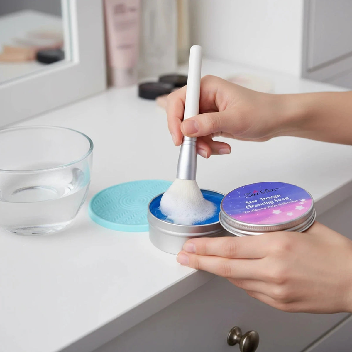 ZaiDoc Makeup Brush Cleaning Soap Blue Starry or Pink Peach Oolong with Cleaning Pad 2-in-1 Solid Brush Cleaner Mat for Beauty Blender Sponge Makeup Gentle Deep Cleaning Tool