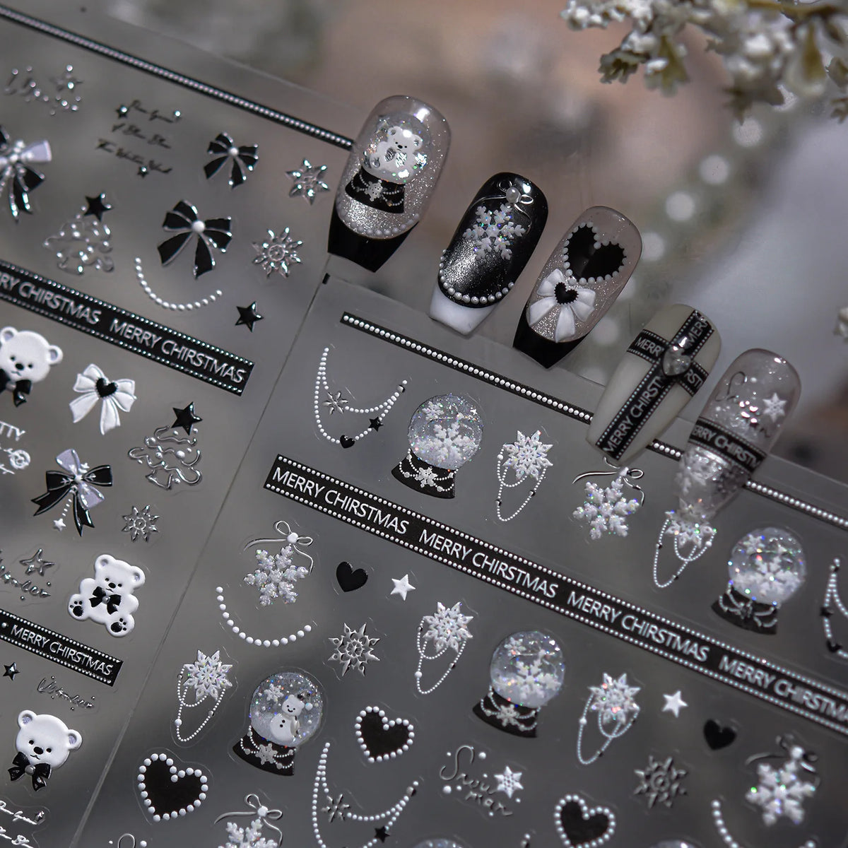 Christmas Balls Bear Bow Metal Nail Stickers Nail Art Accessories Xmas Self-adhesive Stickers DIY Nails Art 3D Decoration Decals