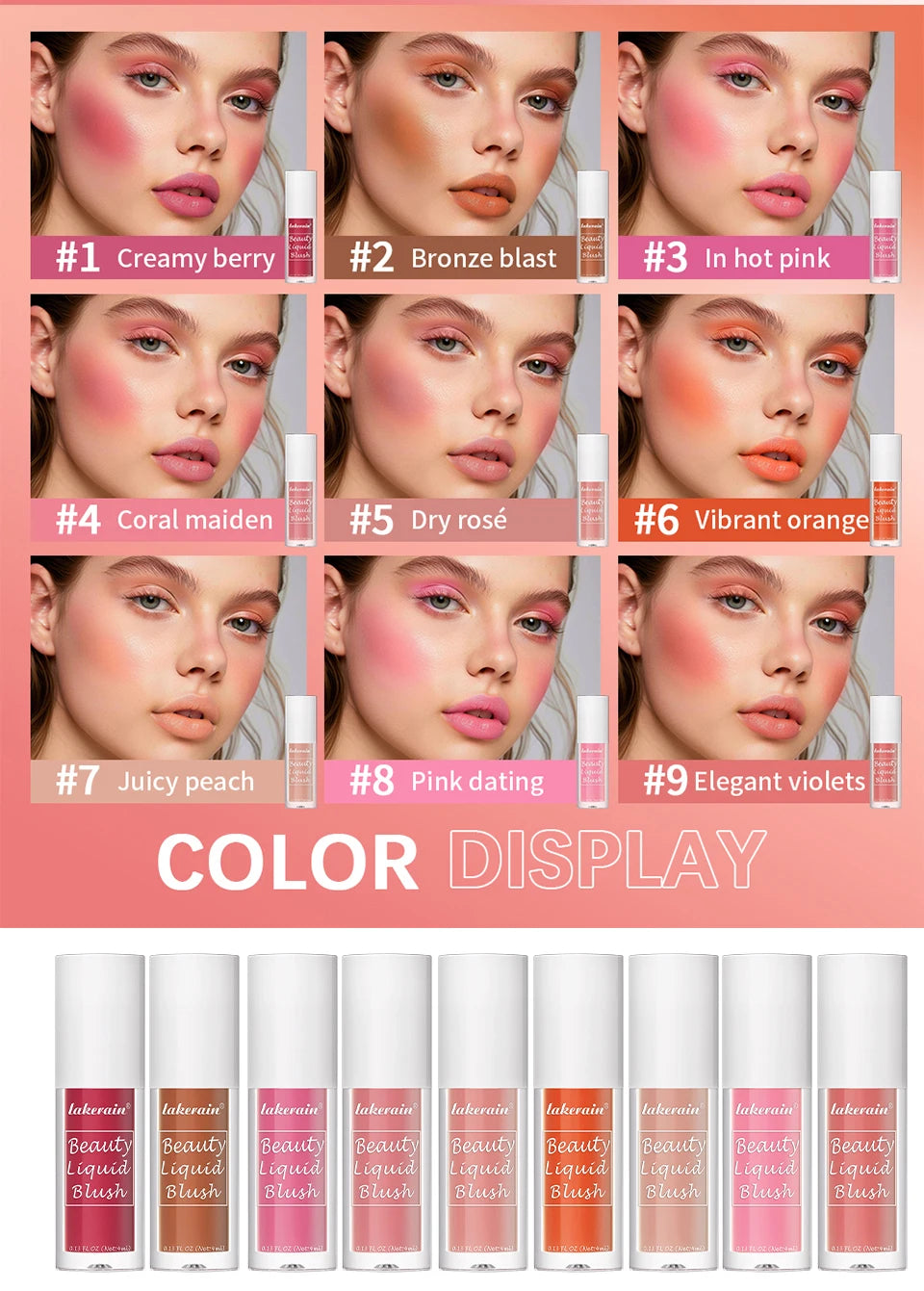 9 Shades Beauty Liquid Blush Lightweight Blendable Dewy Finish Liquid Cheek Tint Long‑Wearing Natural Flush Multi‑Use Face Blush Makeup