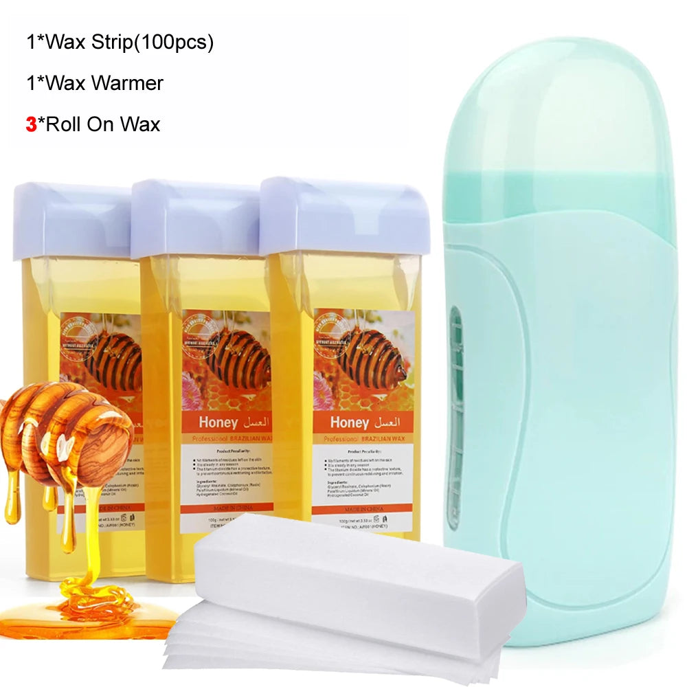 Roll On Waxing Kit With Wax Cartridges and Wax Strips 3 in 1 Soft Wax Heater Kit Hair Removal Wax Paper Waxing Kits Warmer