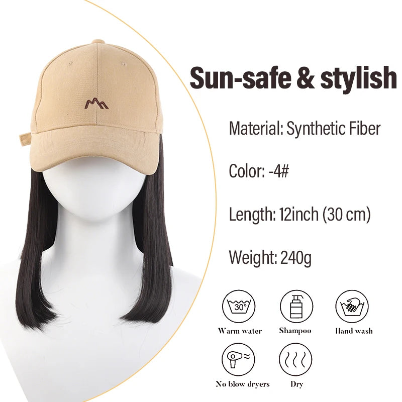Beige Baseball Cap with 3D Mountain Embroidery + Synthetic Fiber Straight-Inner-Curl Wig – One-Piece Hair Hat for Effortless Dai