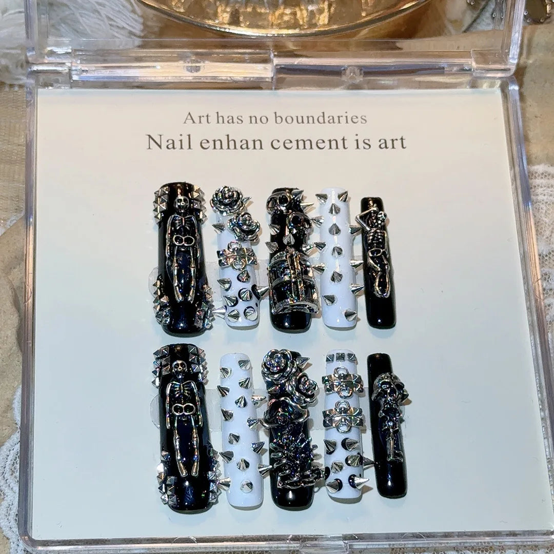 10pcs Handmade Long Coffin Press on Nails Halloween Cyberpunk Dark Rivet Design False nails European Heavy Metal Fake Nail Tips