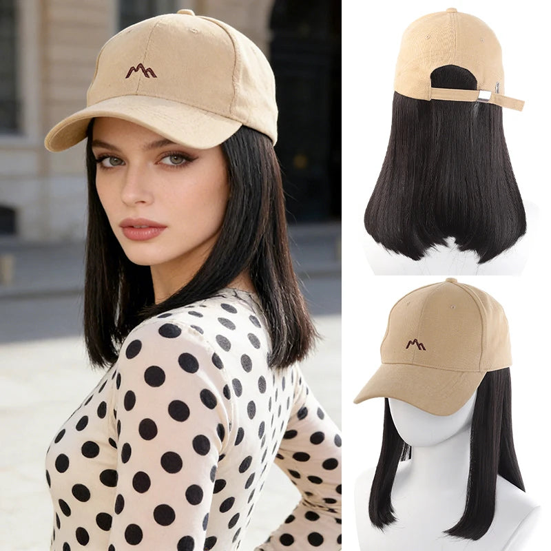 Beige Baseball Cap with 3D Mountain Embroidery + Synthetic Fiber Straight-Inner-Curl Wig – One-Piece Hair Hat for Effortless Dai