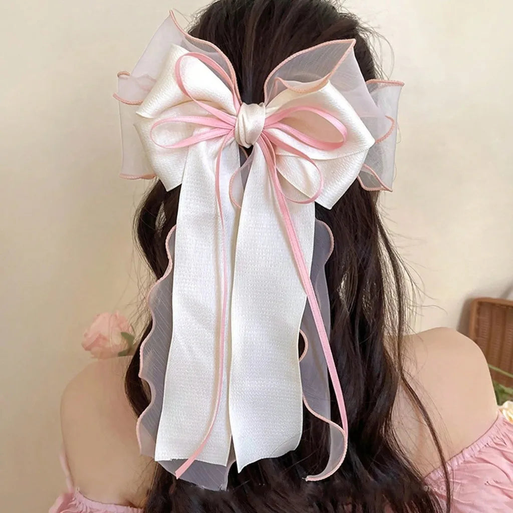 1Pcs Cute Lace Hair Bow Clip Coquette Bow Barrettes with Long Tail Ribbon for Women Christmas Valentines Wedding Accessories