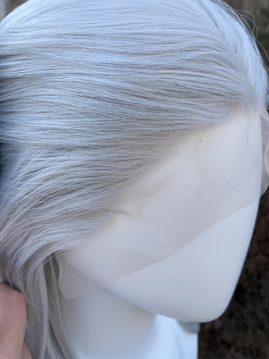 Sliver Gray 13x4 Synthetic Lace Front Wig for Women Cosplay Shoulder Length Mullet Synthetic Wigs Layers Ponytails Glueless Wigs