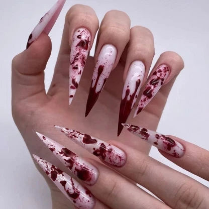 24Pcs Long pointed Halloween False Nails White Irregular Flame Stripes Nail Art Fake Nail Stickers For Women and Girls