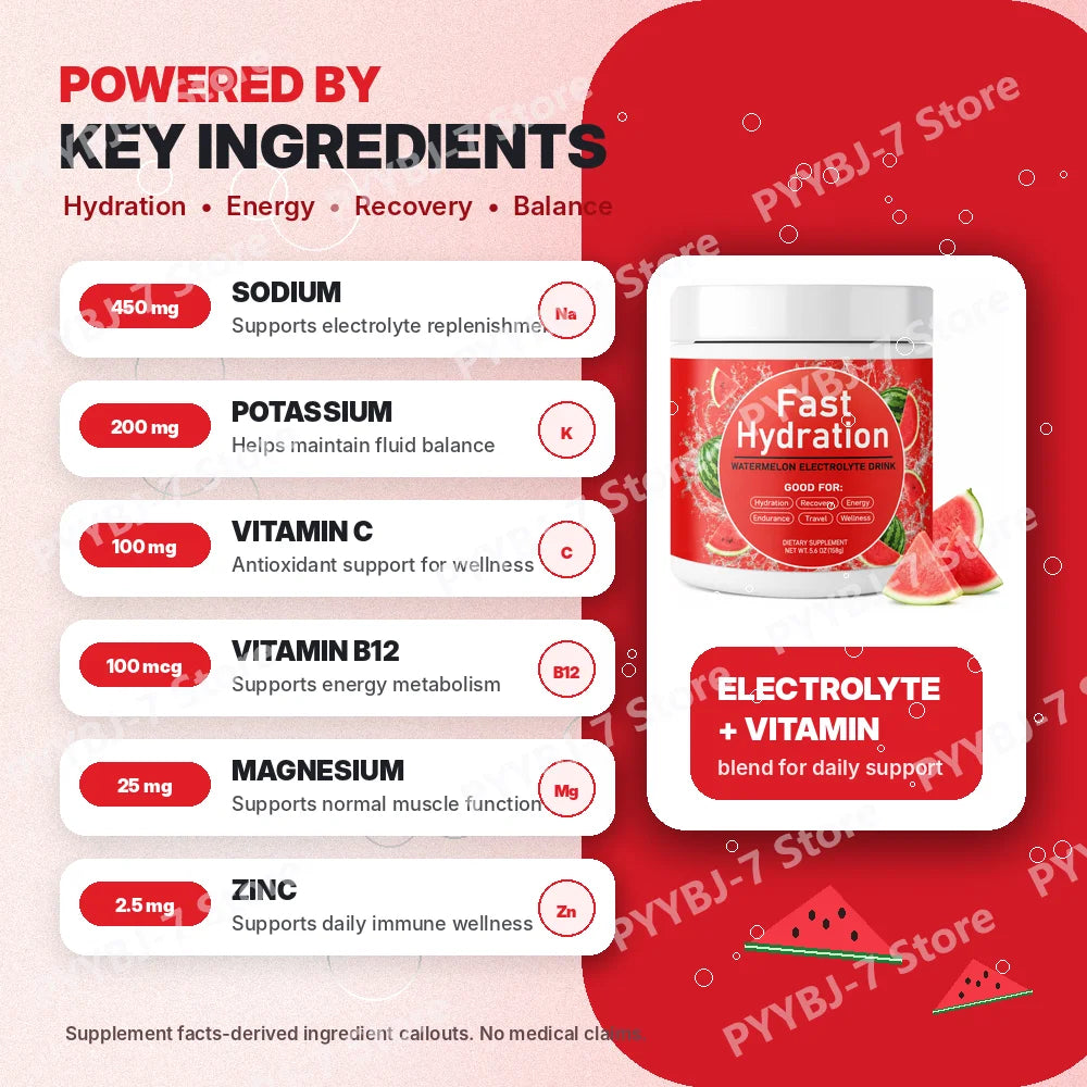 Electrolyte Drink Powder 3 Flavors with Sodium Potassium Magnesium Vitamin C B12 Supports Fluid Balance Energy & Endurance 158g