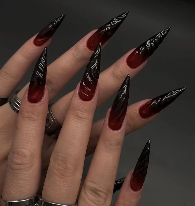 24Pcs Long pointed Halloween False Nails White Irregular Flame Stripes Nail Art Fake Nail Stickers For Women and Girls