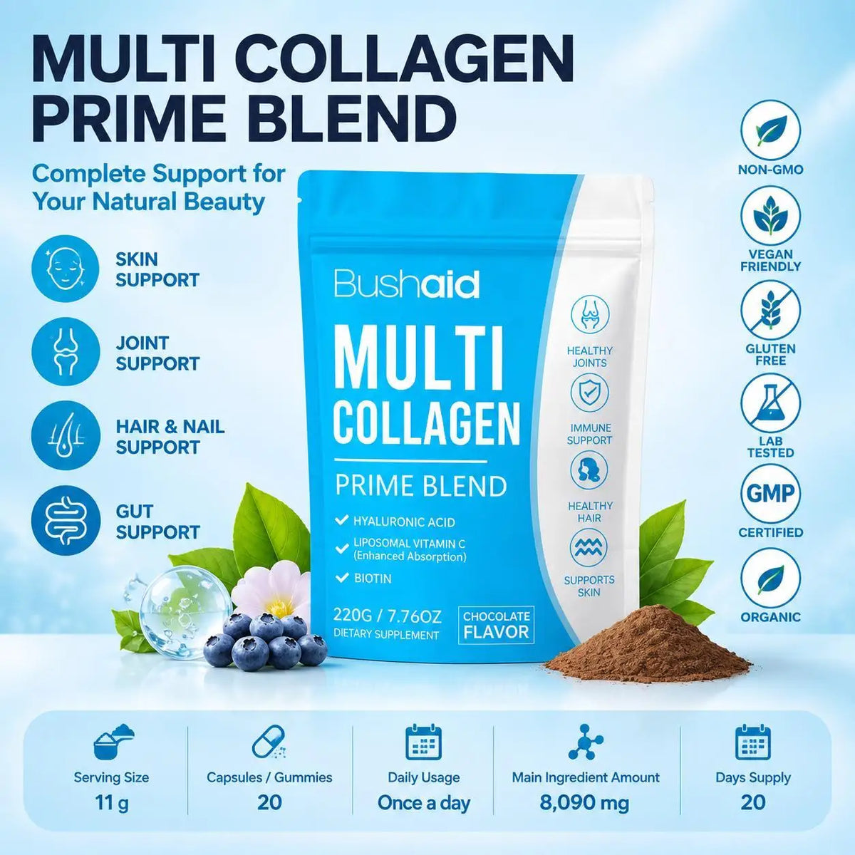 Multi Collagen Powder 8090mg with Vitamin C Hyaluronic Acid Biotin Collagen Peptides Supplement for Skin Hair Joint, 20 Servings