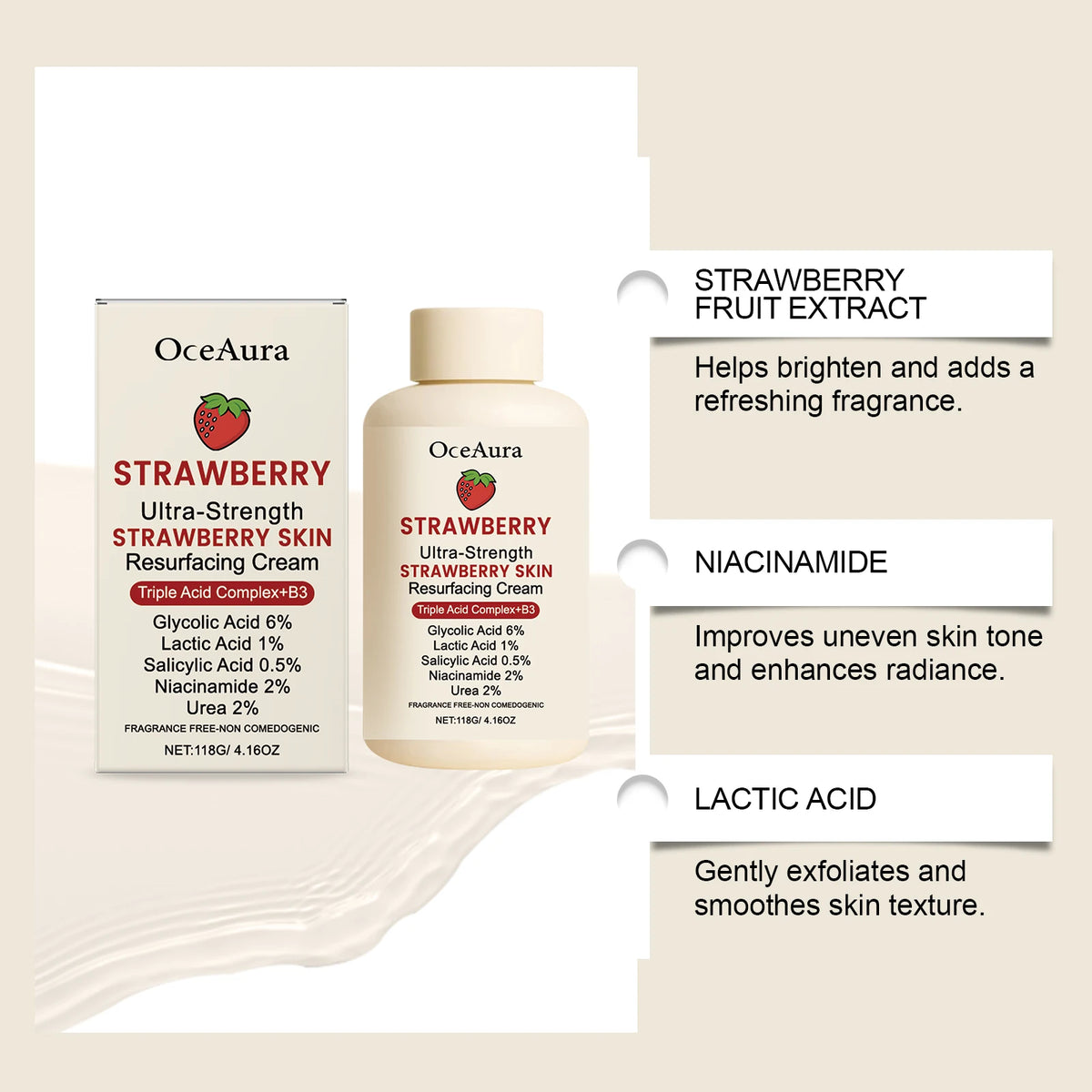 Strawberry Cream Lactic Acid Salicylic Acid Improve Dullness Moisturizing Skin Brightening Rejuvenation Nicotinamide Cream 118g