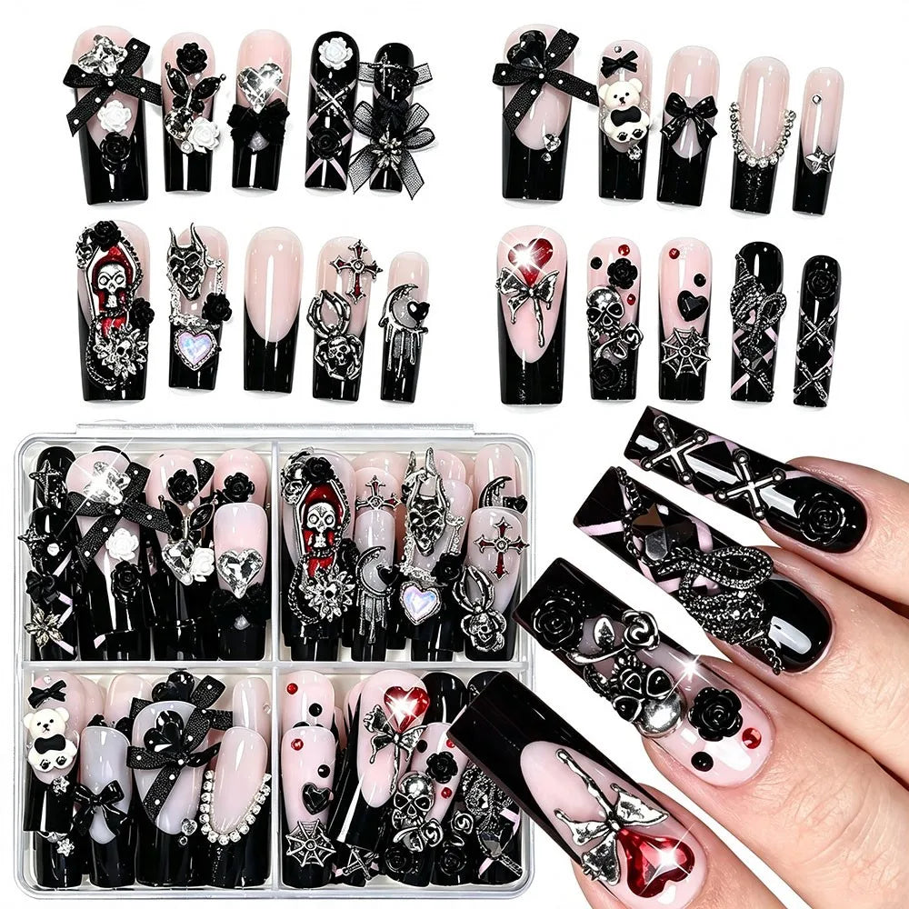 96PC Black French Long Coffin Halloween Press On Nails Y2K Cross Skull Spider Snake Bow False Nails Full Cover French Fake Nails