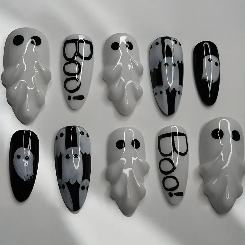 30pcs Halloween Press On Nails Gothic Skeleton Skull Spider Web Black Cat Haunted House Fake Nail Almond False Nail for Women