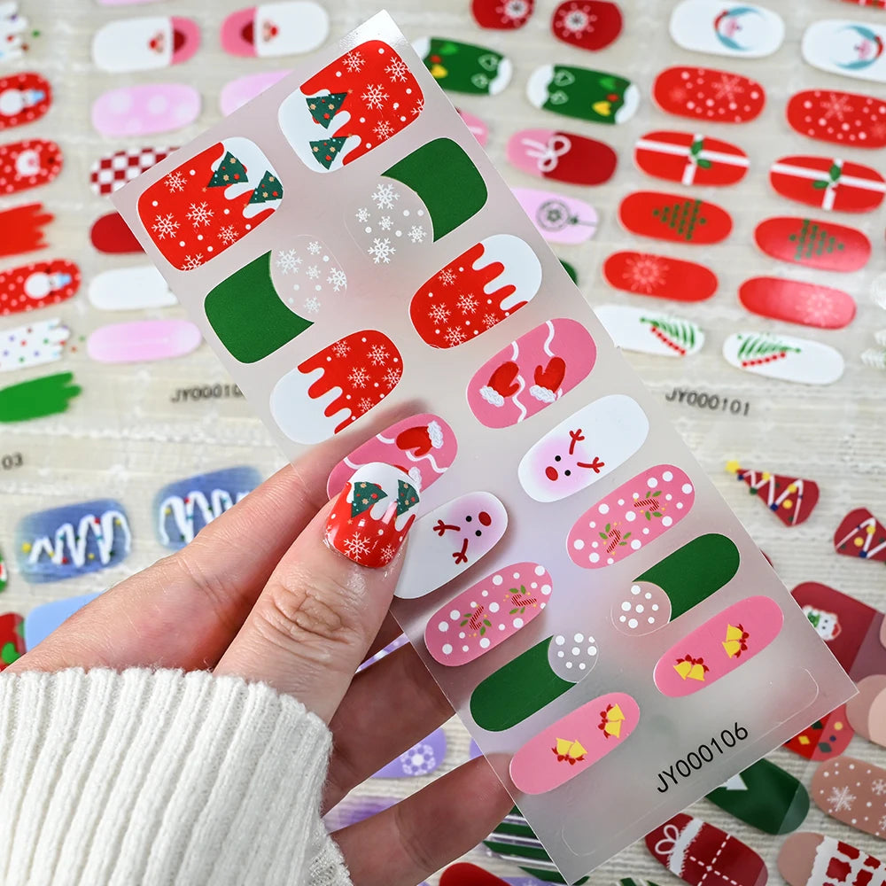 16Tips 3D Full Cover Christmas Series Nail Stickers Adhesive No Light Need Nail Art Wraps Strips Festival Manicure Polish Tips *