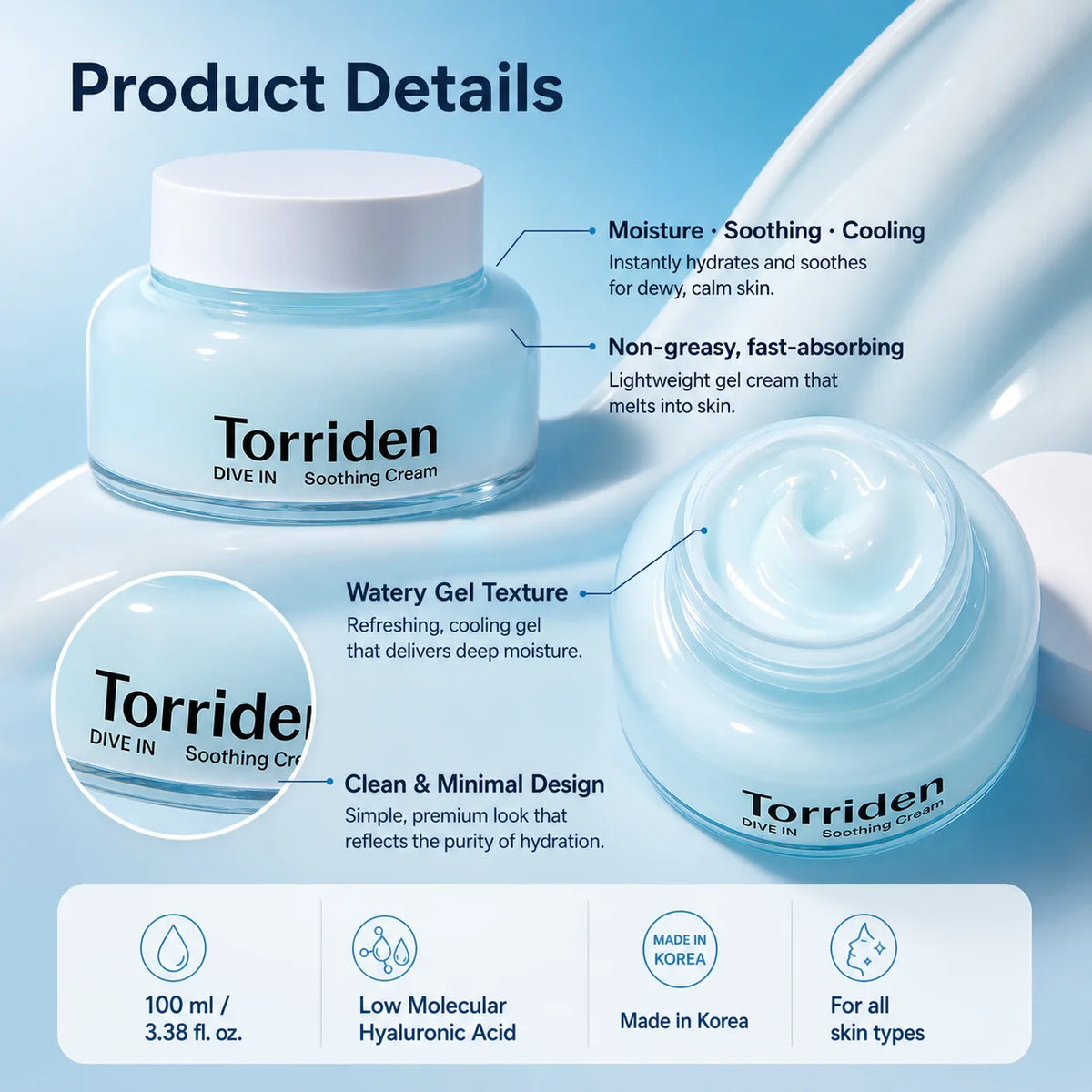 Torriden DIVE‑IN Soothing Gel‑Cream, Cooling Lightweight Moisturizer for Face, Smooth Non‑Greasy Texture, Instant Hydration Calm
