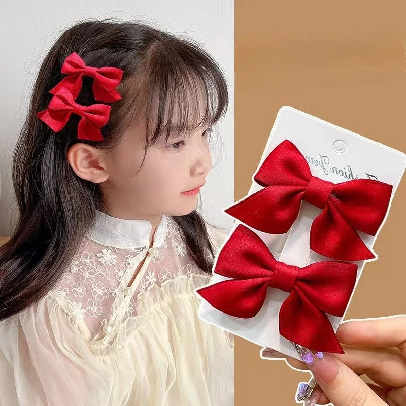 2Pcs Kids Red Bows Hair Clips for Baby Girls Handmade Ribbon Bowknots Hairpins Barrettes New Year Christmas Hair Accessories