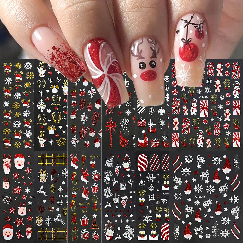 12Pcs Red Glitter Christmas Nail Sticker Gold Silver 3D Santa Claus/Snowflake/Elk/Snowman Winter Nail Decals Xmas Festival Decor
