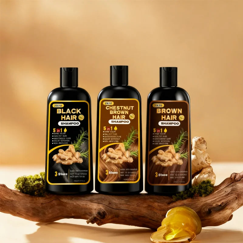New Hair Dye Shampoo 5-in-1, Containing Ginger and Biotin. Long-Lasting Color Retention and Coverage of Gray Hair. Long-Lasting