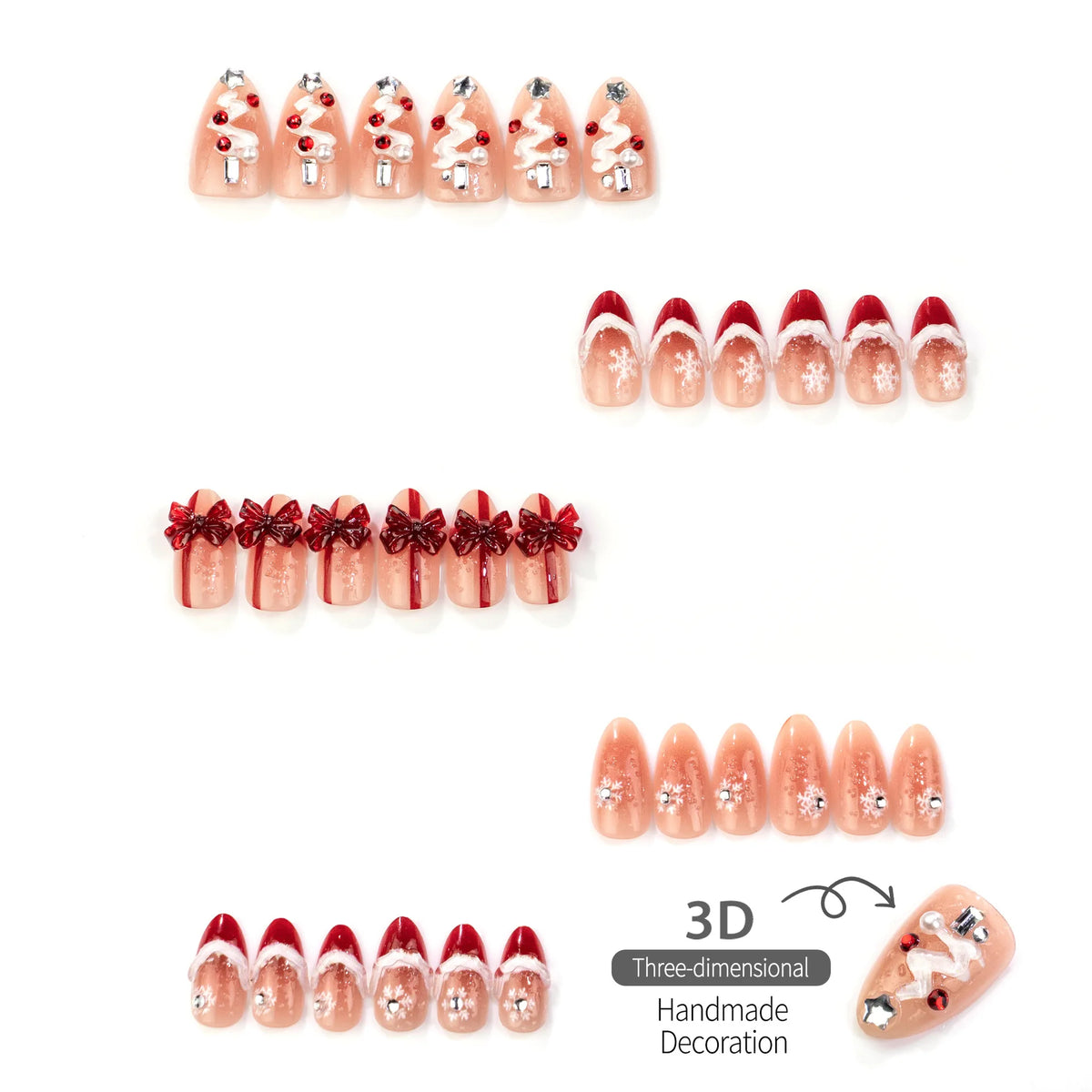 30Pcs  Almond Press On Nails Nude Base  French Tip False Nails with 3D Snowman Rhinestone Christmas Wearable Nails For Women