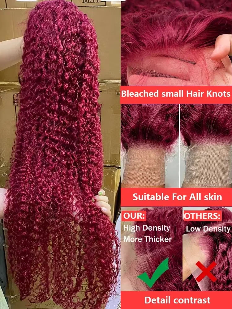 200 Density 13x4 Curly 99J Burgundy Lace Front Wig Red Wine Colored 30 38 Inch Deep Water Wave HD Lace Frontal Human Hair Wigs
